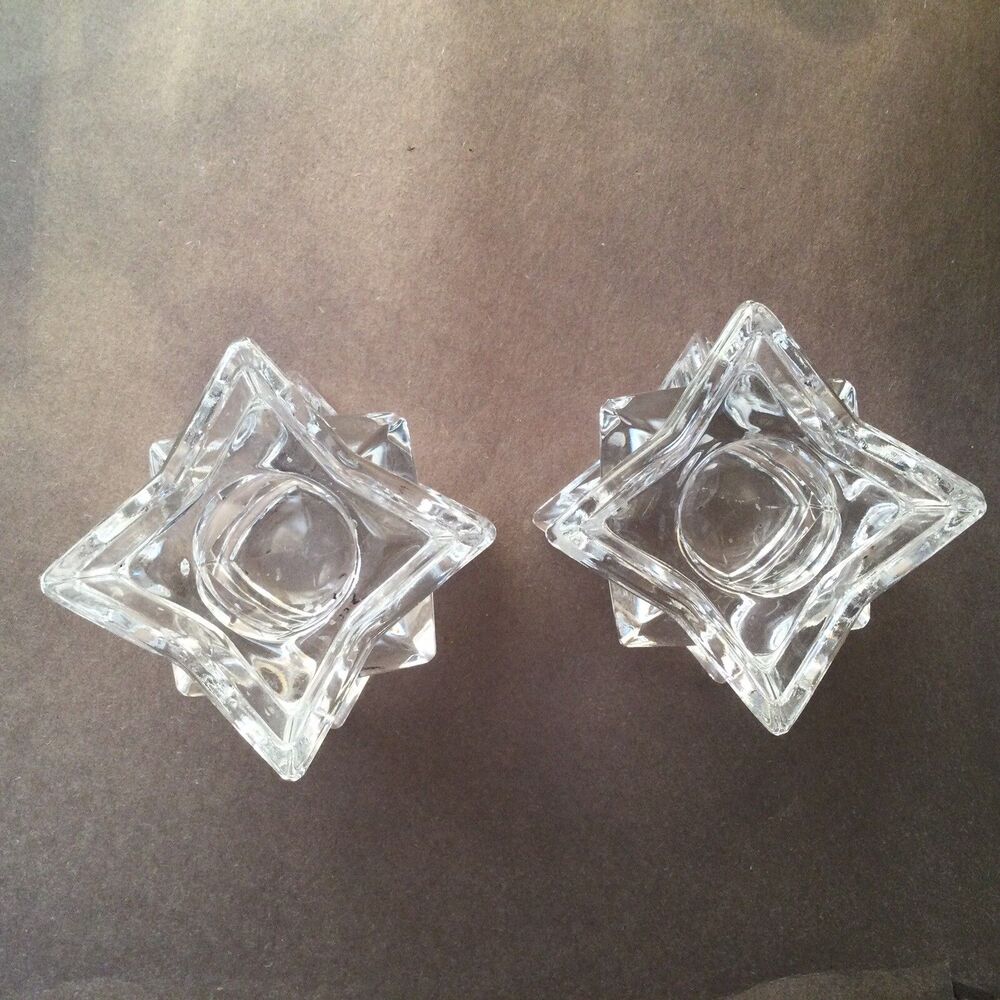 Set of 2 Clear Glass Star Votive Candle Holders Ribbed Pattern